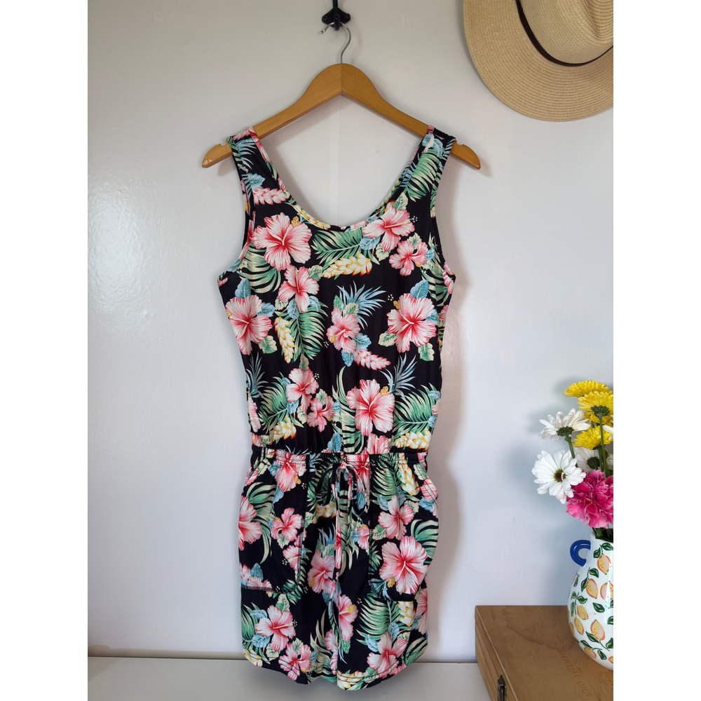 Tropical Floral Pocketed Romper Black Pink Hibiscus Sleeveless Small